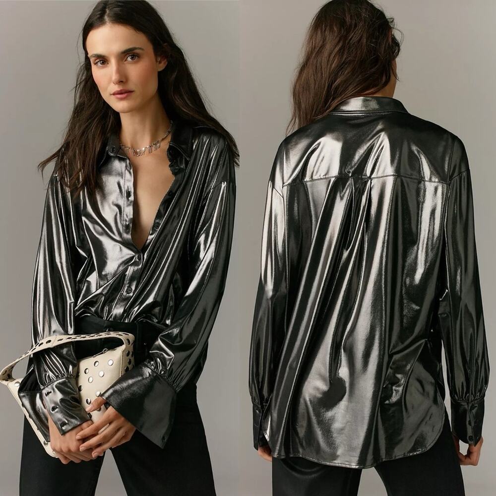 By Anthropologie Shine Buttondown Shirt Black Gunmetal Petite